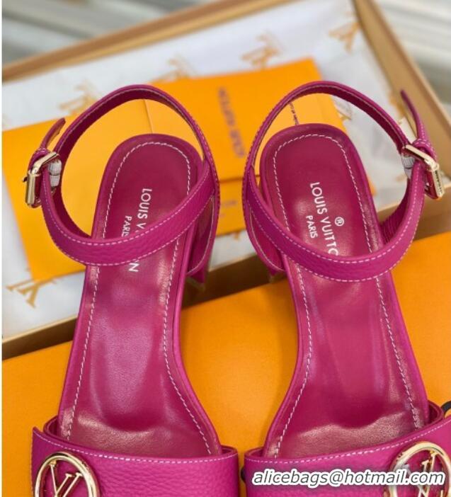 Best Grade Louis Vuitton Grained Leather Heel Sandals 5.5cm with LV Circle Dark Pink 607134