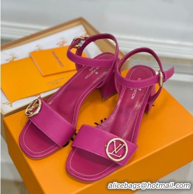 Best Grade Louis Vuitton Grained Leather Heel Sandals 5.5cm with LV Circle Dark Pink 607134