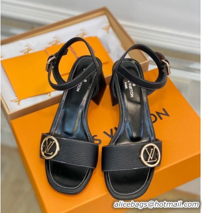 Discount Louis Vuitton Grained Leather Heel Sandals 5.5cm with LV Circle Black 607135