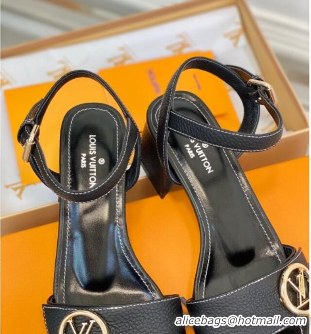 Discount Louis Vuitton Grained Leather Heel Sandals 5.5cm with LV Circle Black 607135