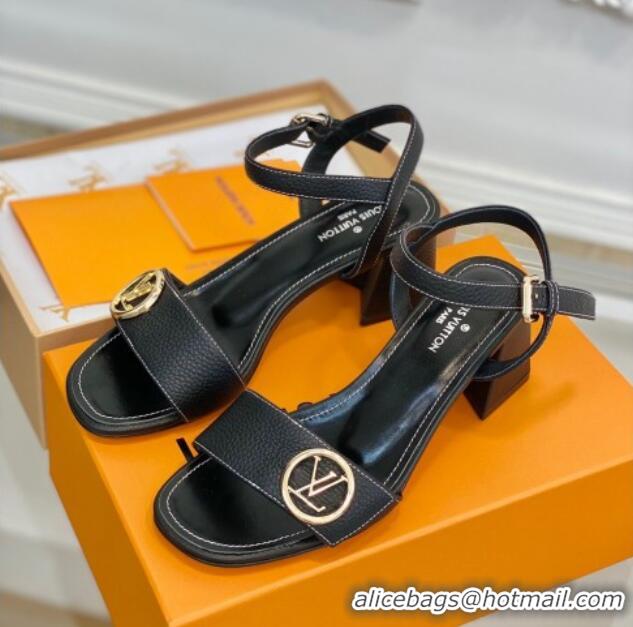 Discount Louis Vuitton Grained Leather Heel Sandals 5.5cm with LV Circle Black 607135