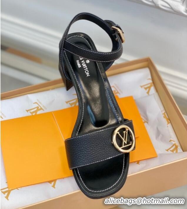 Discount Louis Vuitton Grained Leather Heel Sandals 5.5cm with LV Circle Black 607135