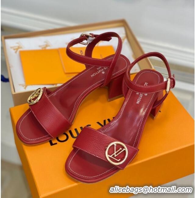 Low Price Louis Vuitton Grained Leather Heel Sandals 5.5cm with LV Circle Red 607136