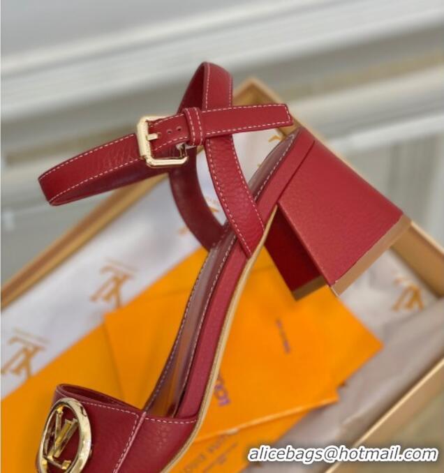 Low Price Louis Vuitton Grained Leather Heel Sandals 5.5cm with LV Circle Red 607136