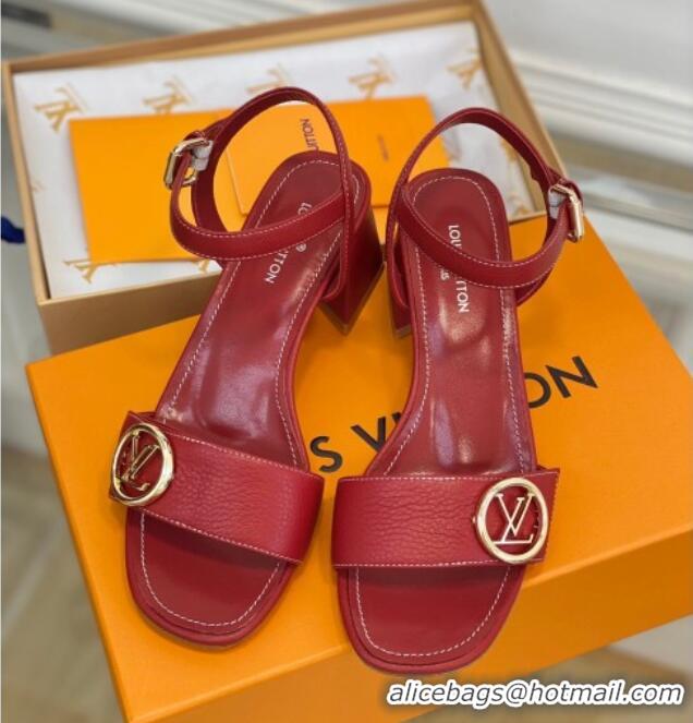 Low Price Louis Vuitton Grained Leather Heel Sandals 5.5cm with LV Circle Red 607136