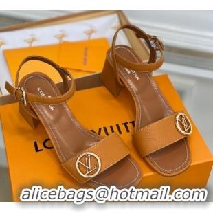 Shop Duplicate Louis Vuitton Grained Leather Heel Sandals 5.5cm with LV Circle Brown 607137