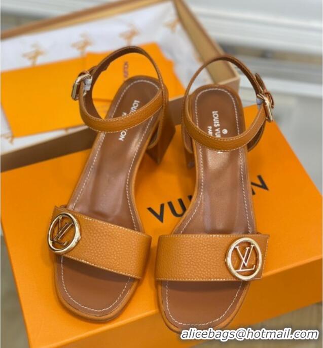 Shop Duplicate Louis Vuitton Grained Leather Heel Sandals 5.5cm with LV Circle Brown 607137