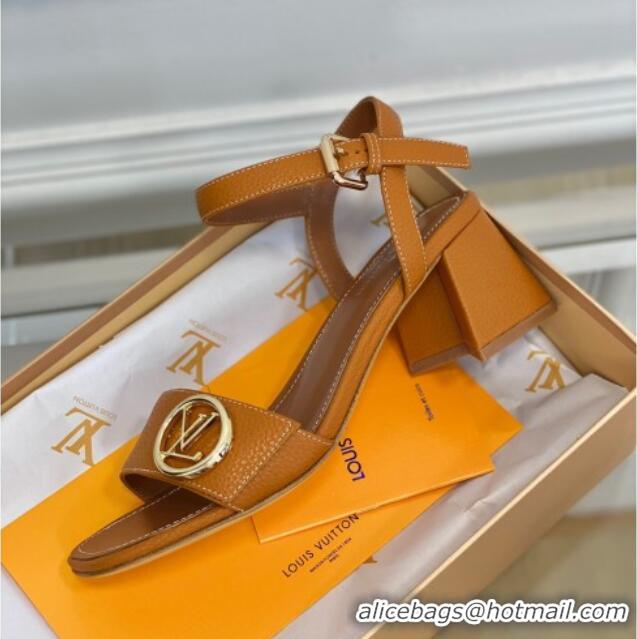 Shop Duplicate Louis Vuitton Grained Leather Heel Sandals 5.5cm with LV Circle Brown 607137