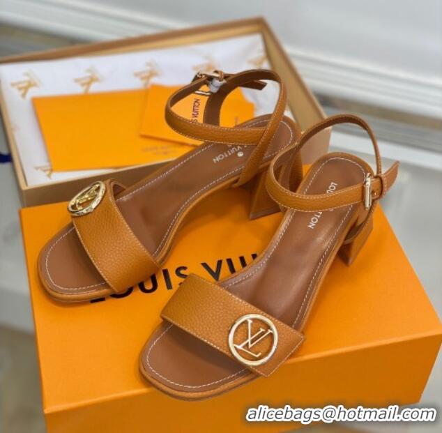 Shop Duplicate Louis Vuitton Grained Leather Heel Sandals 5.5cm with LV Circle Brown 607137