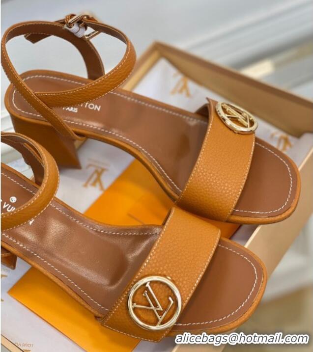 Shop Duplicate Louis Vuitton Grained Leather Heel Sandals 5.5cm with LV Circle Brown 607137