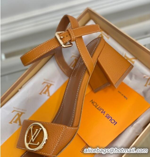 Shop Duplicate Louis Vuitton Grained Leather Heel Sandals 5.5cm with LV Circle Brown 607137