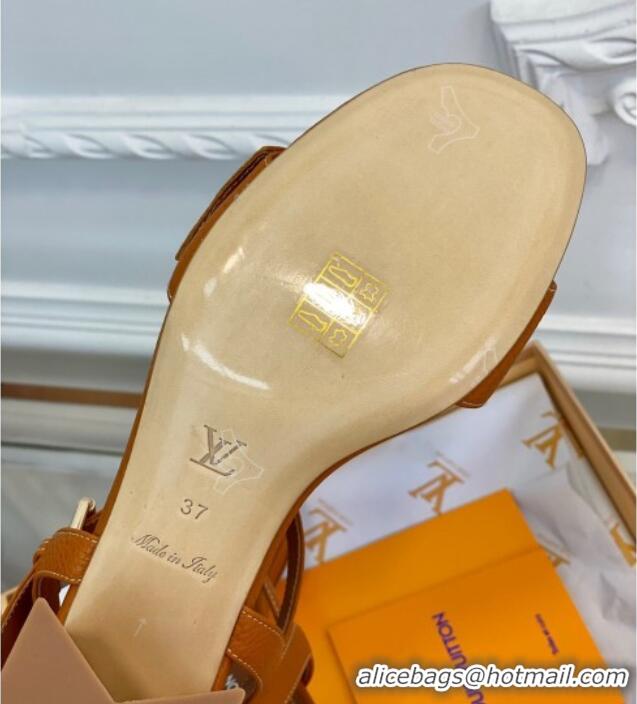 Shop Duplicate Louis Vuitton Grained Leather Heel Sandals 5.5cm with LV Circle Brown 607137