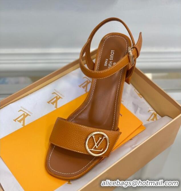 Shop Duplicate Louis Vuitton Grained Leather Heel Sandals 5.5cm with LV Circle Brown 607137