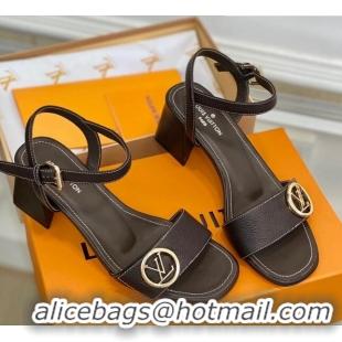 Classic Hot Louis Vuitton Grained Leather Heel Sandals 5.5cm with LV Circle Chocolate 607138