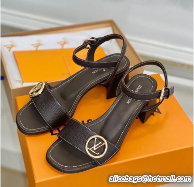 Classic Hot Louis Vuitton Grained Leather Heel Sandals 5.5cm with LV Circle Chocolate 607138