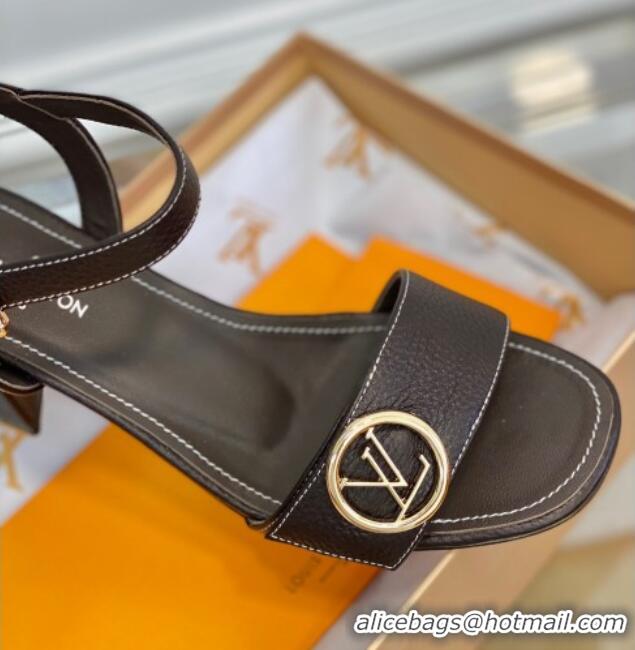 Classic Hot Louis Vuitton Grained Leather Heel Sandals 5.5cm with LV Circle Chocolate 607138