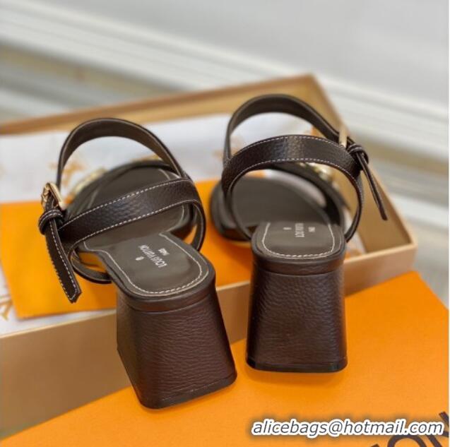 Classic Hot Louis Vuitton Grained Leather Heel Sandals 5.5cm with LV Circle Chocolate 607138