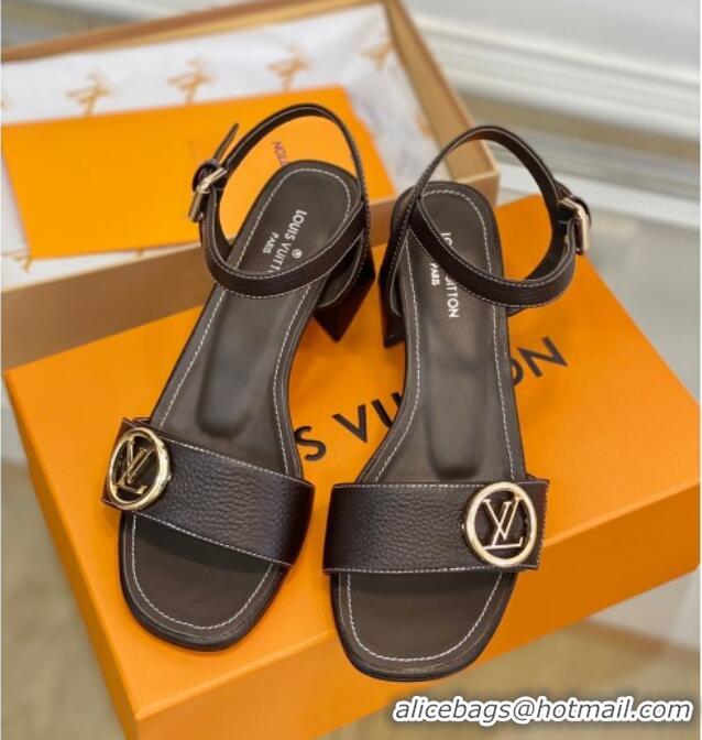 Classic Hot Louis Vuitton Grained Leather Heel Sandals 5.5cm with LV Circle Chocolate 607138