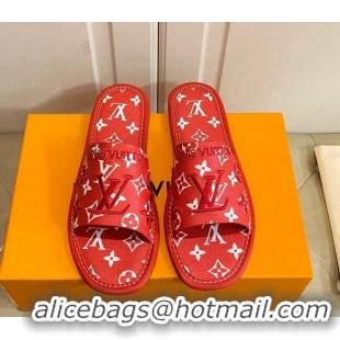 Top Grade Louis Vuitton LV Monogram Canvas Flat Slide Sandals Red 608003