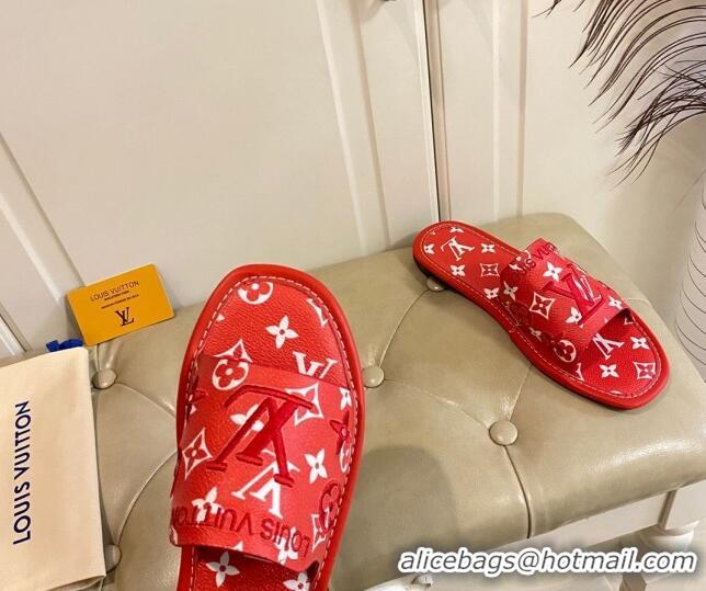 Top Grade Louis Vuitton LV Monogram Canvas Flat Slide Sandals Red 608003