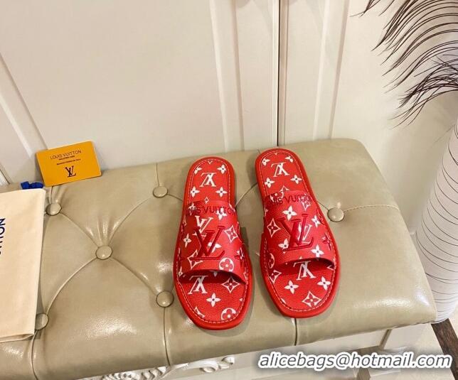 Top Grade Louis Vuitton LV Monogram Canvas Flat Slide Sandals Red 608003