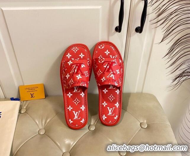 Top Grade Louis Vuitton LV Monogram Canvas Flat Slide Sandals Red 608003