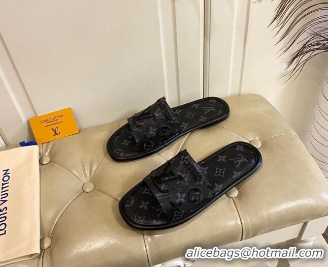 Charming Louis Vuitton LV Monogram Canvas Flat Slide Sandals Black 608004