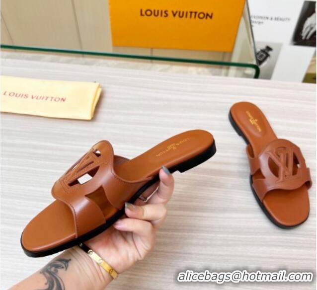 Sophisticated Louis Vuitton LV Isola Leather Flat Slide Sandals 608005 Brown