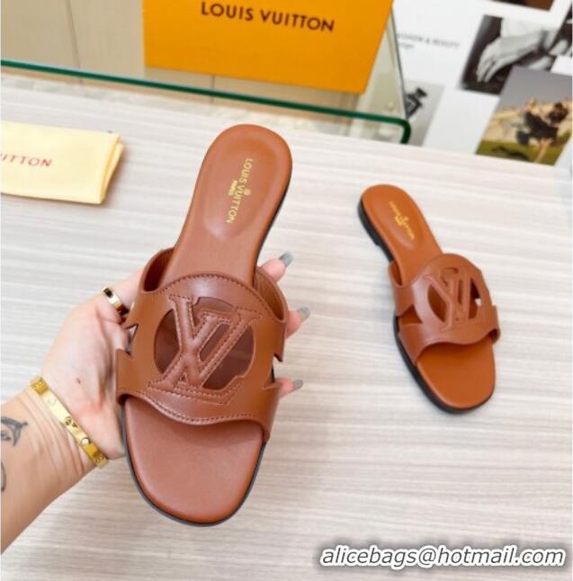 Sophisticated Louis Vuitton LV Isola Leather Flat Slide Sandals 608005 Brown