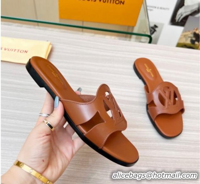 Sophisticated Louis Vuitton LV Isola Leather Flat Slide Sandals 608005 Brown