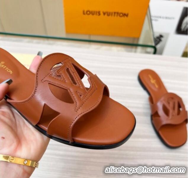 Sophisticated Louis Vuitton LV Isola Leather Flat Slide Sandals 608005 Brown