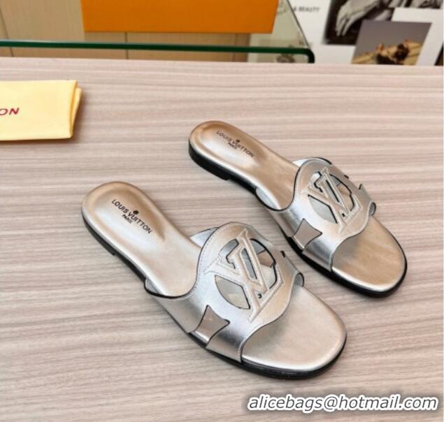 Best Stylish Louis Vuitton LV Isola Leather Flat Slide Sandals 608005 Silver