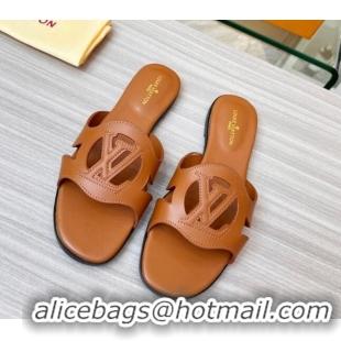 Good Quality Louis Vuitton LV Isola Leather Flat Slide Sandals 608005 Tan Brown