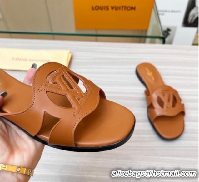 Good Quality Louis Vuitton LV Isola Leather Flat Slide Sandals 608005 Tan Brown