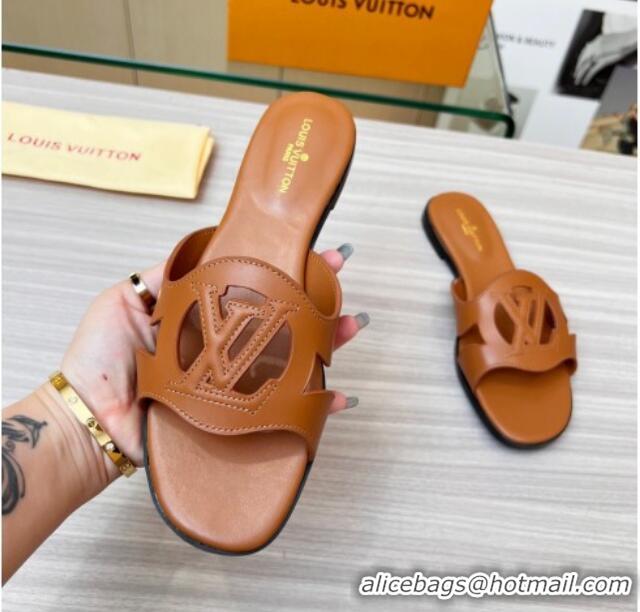 Good Quality Louis Vuitton LV Isola Leather Flat Slide Sandals 608005 Tan Brown