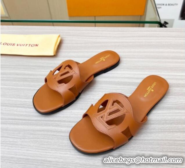 Good Quality Louis Vuitton LV Isola Leather Flat Slide Sandals 608005 Tan Brown