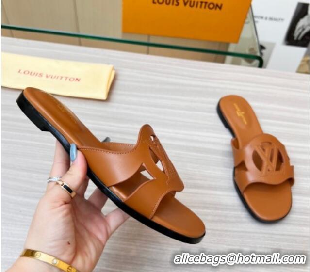 Good Quality Louis Vuitton LV Isola Leather Flat Slide Sandals 608005 Tan Brown