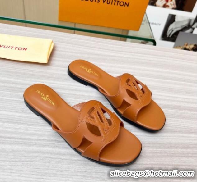 Good Quality Louis Vuitton LV Isola Leather Flat Slide Sandals 608005 Tan Brown