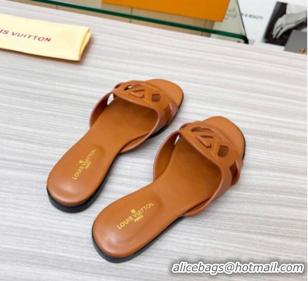 Good Quality Louis Vuitton LV Isola Leather Flat Slide Sandals 608005 Tan Brown