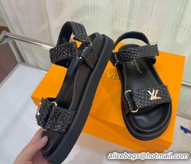 Fashion Louis Vuitton LV Sunset Raffia Straw Flat Comfort Sandal Black 608015