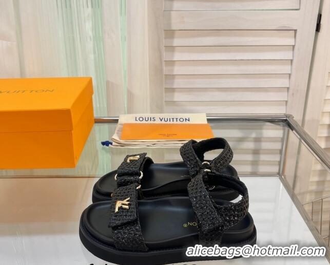 Fashion Louis Vuitton LV Sunset Raffia Straw Flat Comfort Sandal Black 608015