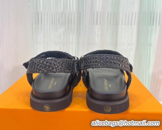 Fashion Louis Vuitton LV Sunset Raffia Straw Flat Comfort Sandal Black 608015