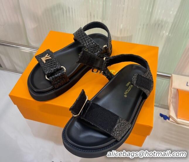 Fashion Louis Vuitton LV Sunset Raffia Straw Flat Comfort Sandal Black 608015