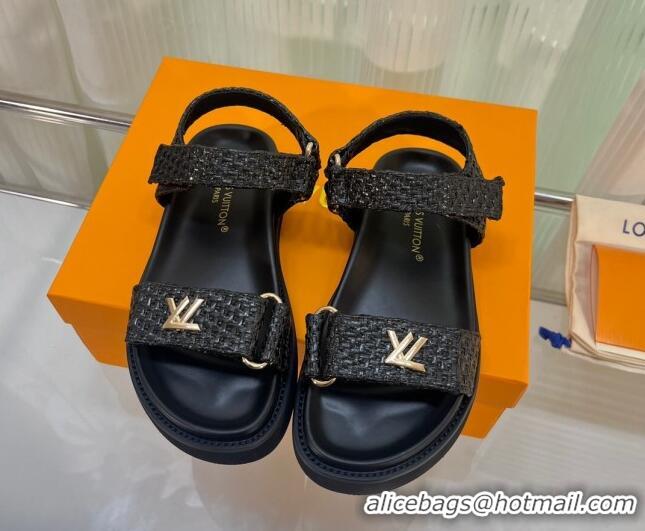 Fashion Louis Vuitton LV Sunset Raffia Straw Flat Comfort Sandal Black 608015