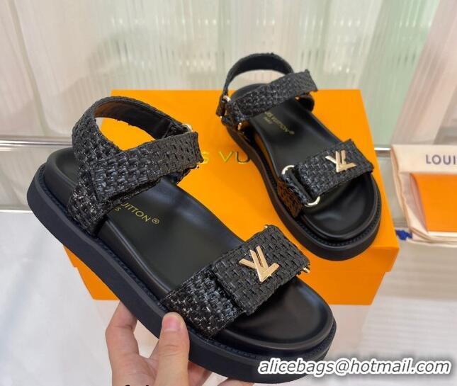 Fashion Louis Vuitton LV Sunset Raffia Straw Flat Comfort Sandal Black 608015