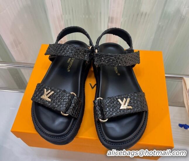 Trendy Design Louis Vuitton Cordoba Raffia Straw Flat Comfort Sandal Black 608024