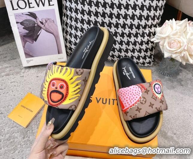 Luxury Discount Louis Vuitton LV x YK Pool Pillow Flat Comfort Slide Sandals in Embroidered Monogram Reverse Nylon 60802