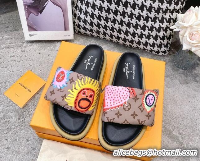 Luxury Discount Louis Vuitton LV x YK Pool Pillow Flat Comfort Slide Sandals in Embroidered Monogram Reverse Nylon 60802