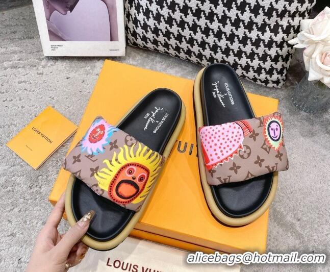 Luxury Discount Louis Vuitton LV x YK Pool Pillow Flat Comfort Slide Sandals in Embroidered Monogram Reverse Nylon 60802