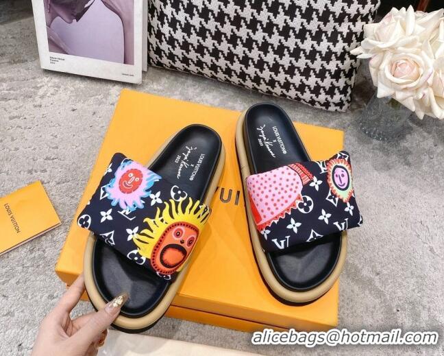 Luxury Louis Vuitton LV x YK Pool Pillow Flat Comfort Slide Sandals in Embroidered Monogram Nylon Black 608026